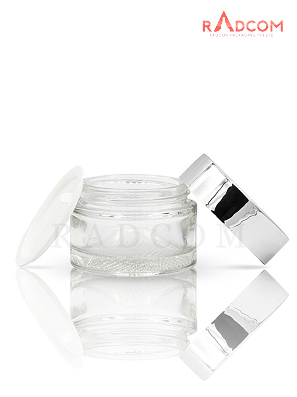 50 GM Clear Mesh Jar with Shinny Silver Cap with Lid & Wad